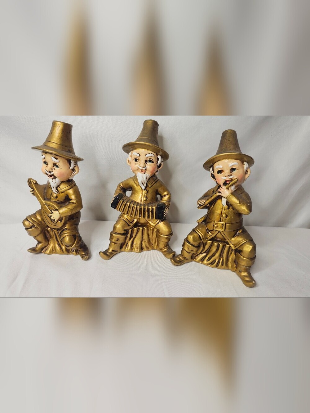 Vtg Paper Mache Gold Elf Gnome Musician Figurine Set 3 Retro Pixie Band Art 7"